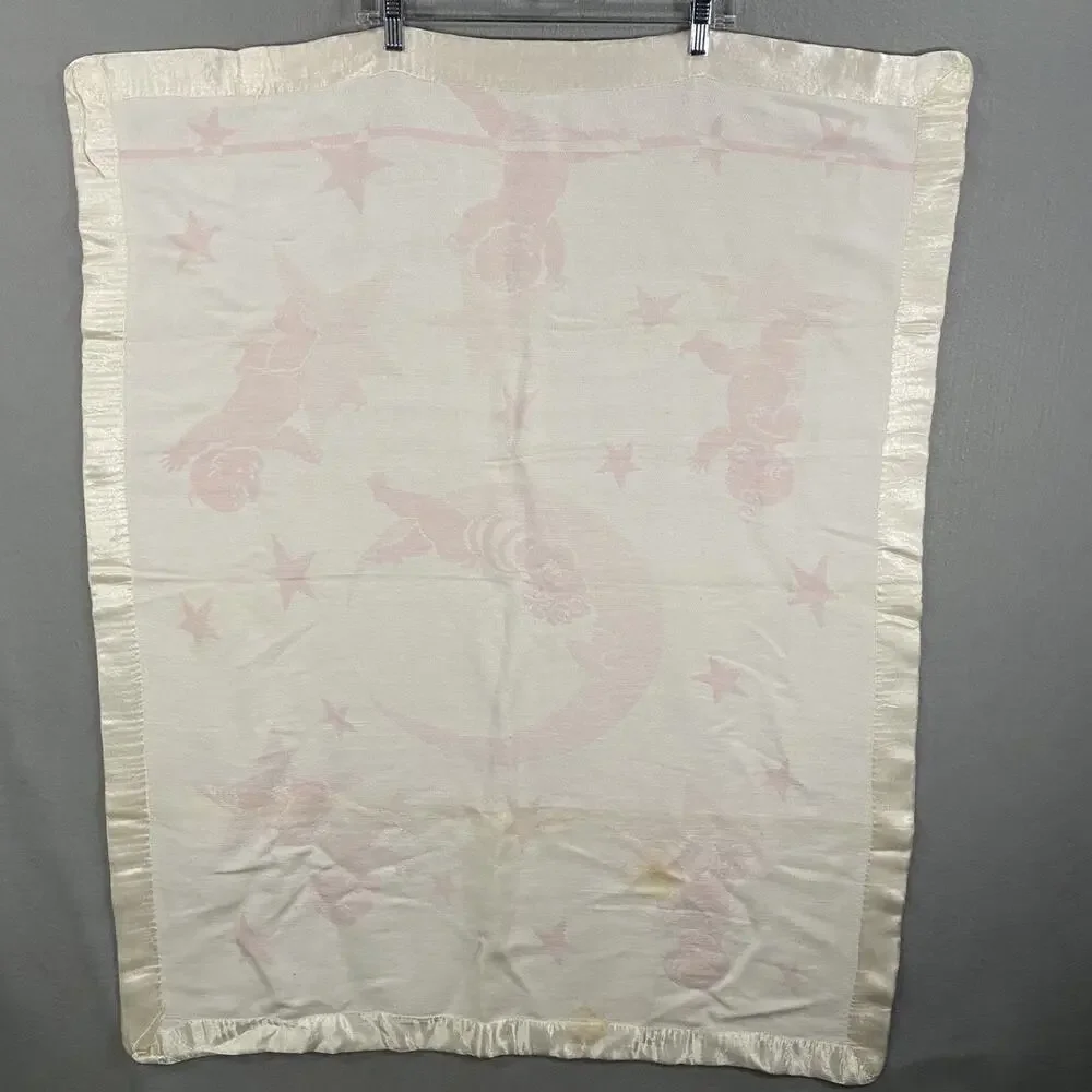 Vintage Baby Girl Nursery Crib Blanket Pink Satin Trim 33 x 39 Moon Stars *Read*